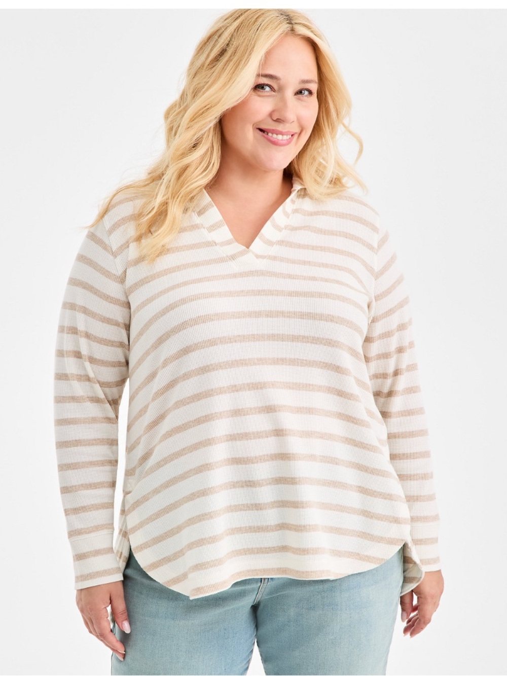 Plus Size Striped V-Neck Waffle Knit Hoodie Top in Cream & Khaki by Style & Co.